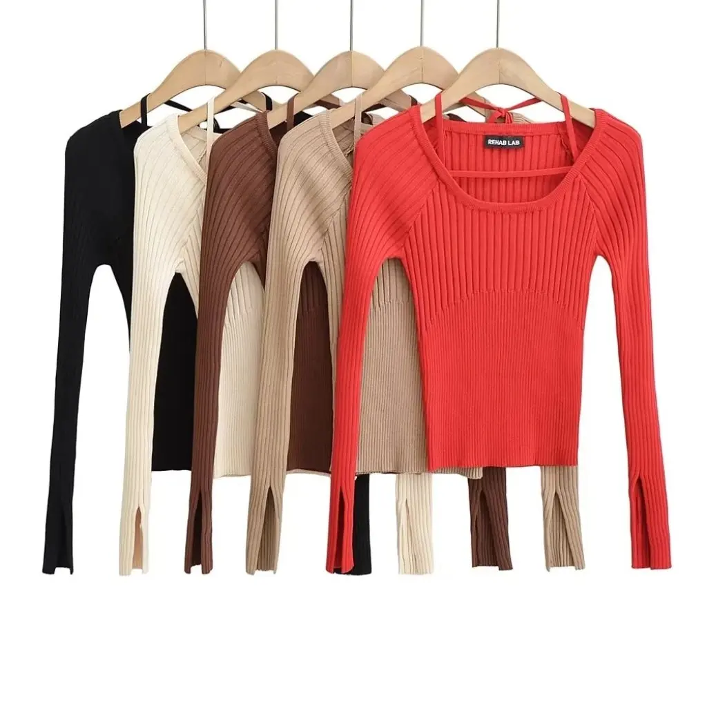 

Women's Slimming Lace-Up Halter Sweater round Neck Long Sleeve Split Knitted Top Autumn Hot Style for Girls