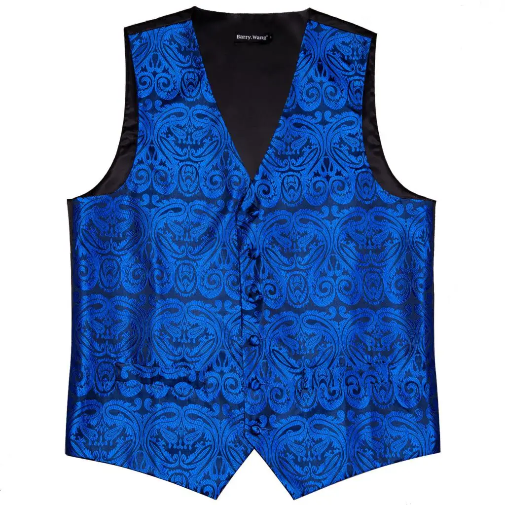 Elegant Men\'s Vest Silk Royal Blue Sky Blue Navy Paisley Gift Male Formal Waistcoat Suit Sleeveless Jacket Dress Barry Wang