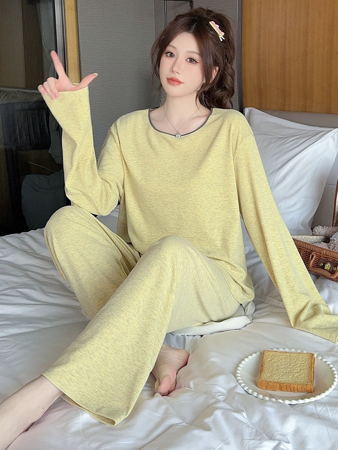 

2025 New Modal Pure Cotton Nightgown Women's Long Sleeve round Neck Home Clothes Set Lazy Style Comfortable Breathable Sleepwear