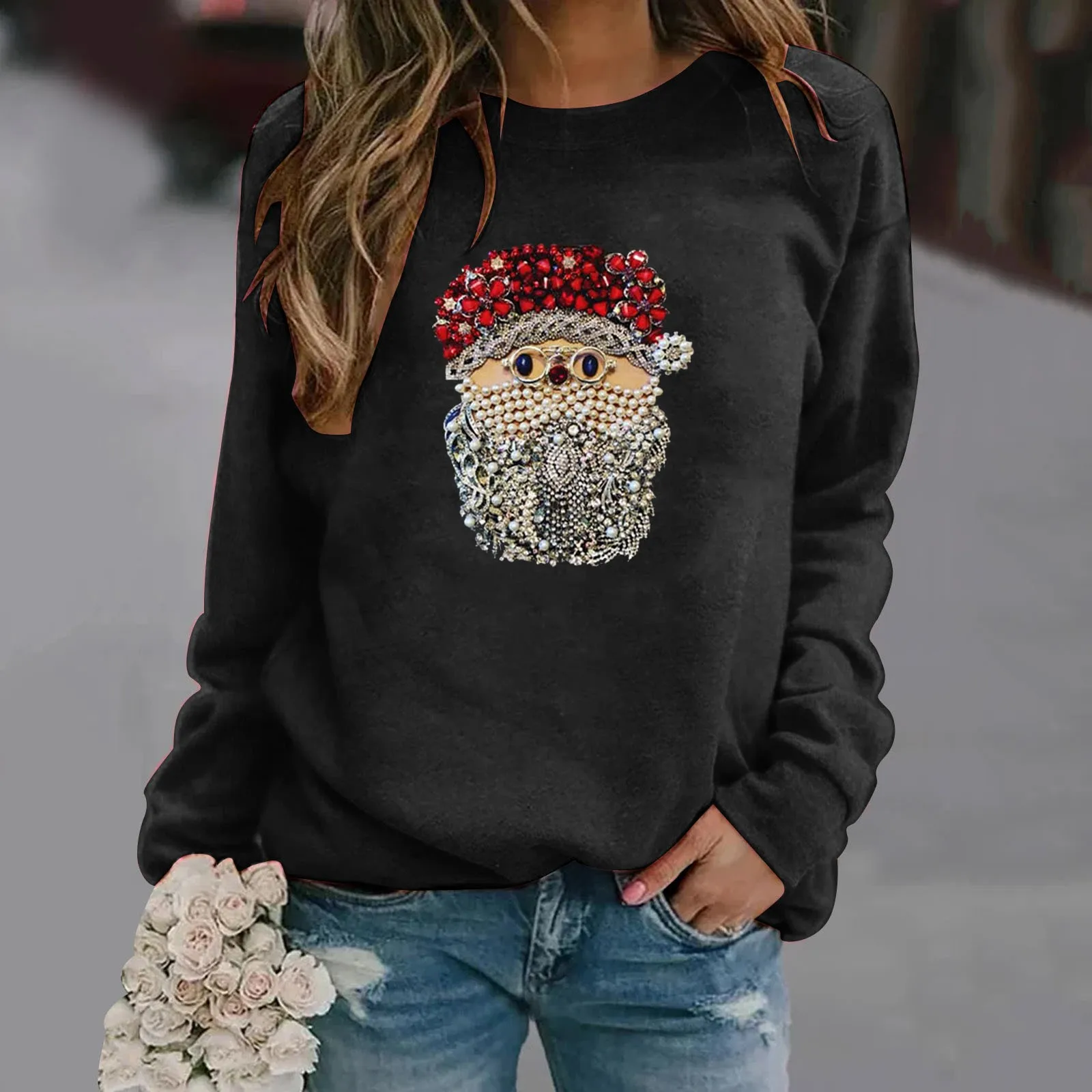 Felpa con stampa di babbo natale girocollo manica lunga perla paillettes decorare pullover top y2k manica lunga senza cappuccio abbigliamento donna