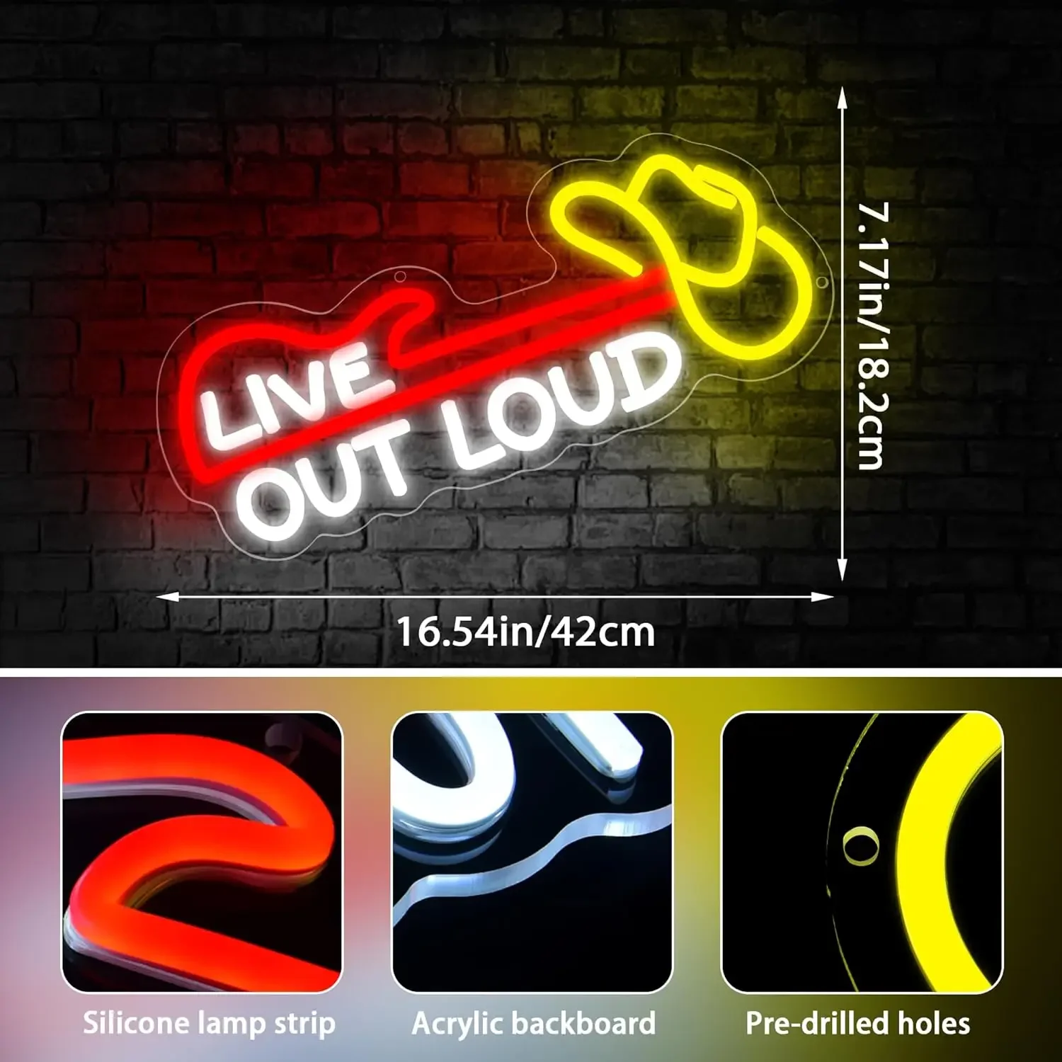 Live Out Loud Neon Sign Yellow Heart Red Line LED Wall Art Acrylic USB Powered Dimmable Light Decor for Home Bar Party