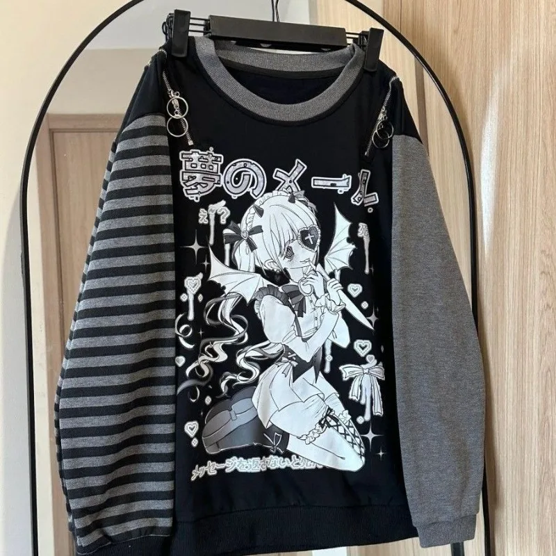 

Японская субкультура, готический аниме-свитшот с принтом, женская свободная футболка с круглым вырезом и длинными рукавами, зимние винтажные модные топы Y2k, новые