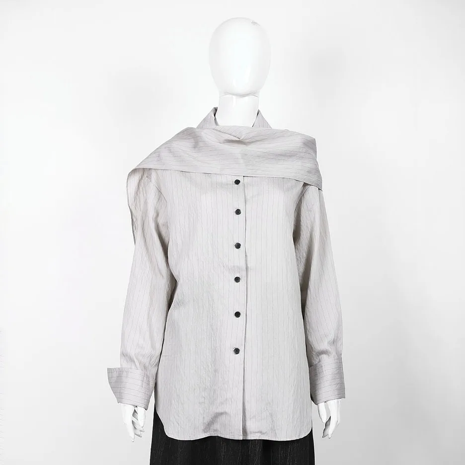 2025 primavera feminina cinza riscas assimétrico colarinho camisa oversized manga longa botão para baixo topo para senhoras moda