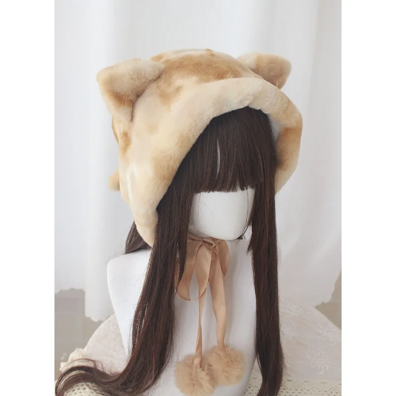 

Оригинальный дизайн кошачьих ушей (хлеб в форме кошачьих ушей на пару) Теплая шапка с тремя цветками кота плюшевый тигр табби кошка милая зимняя шапка