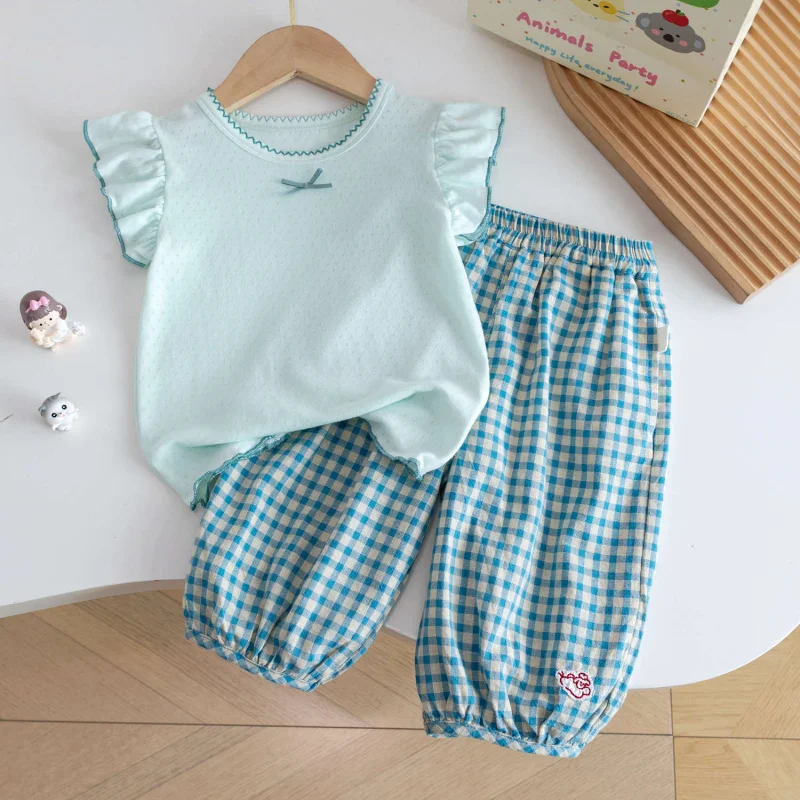 

Girls' Cute Casual Outfit Summer Flutter Sleeve Breathable Short Sleeve+Nine-Point Plaid Mosquito-Repellent Pants for Baby Girls