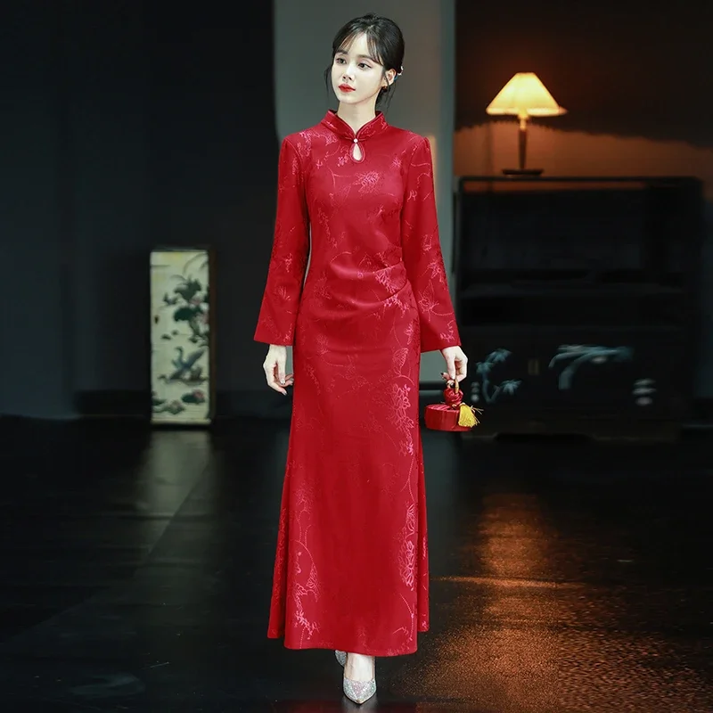 Traditional Mandarin Collar Butterfly Jacquard Pattern,wedding Party Dress Chinese Style Red Long-Sleeve Qipao Dress
