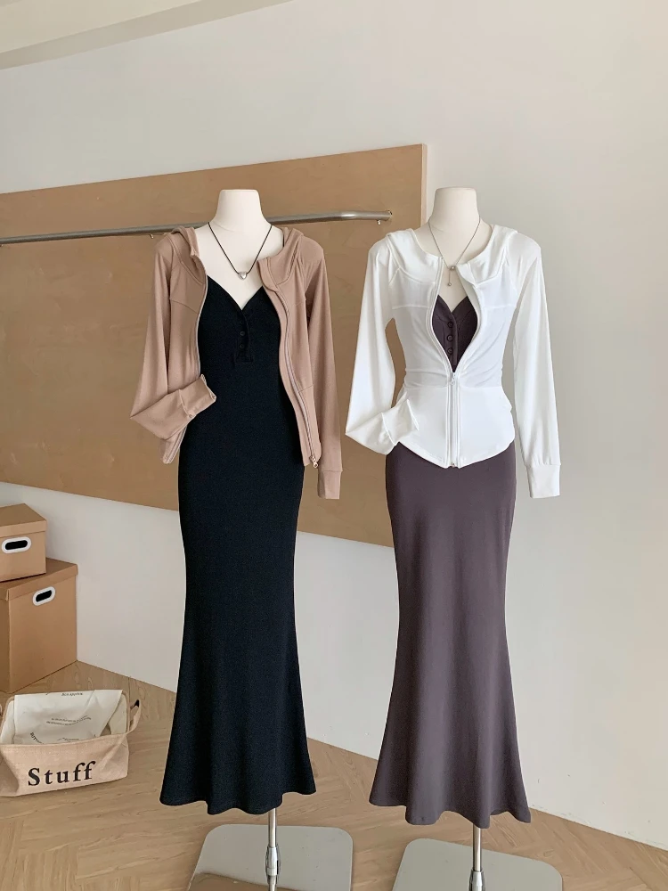 

Осеннее новое корейское модное сексуальное французское элегантное шикарное дизайнерское офисное женское платье для свадебного гостя + пальто с капюшоном, женский костюм