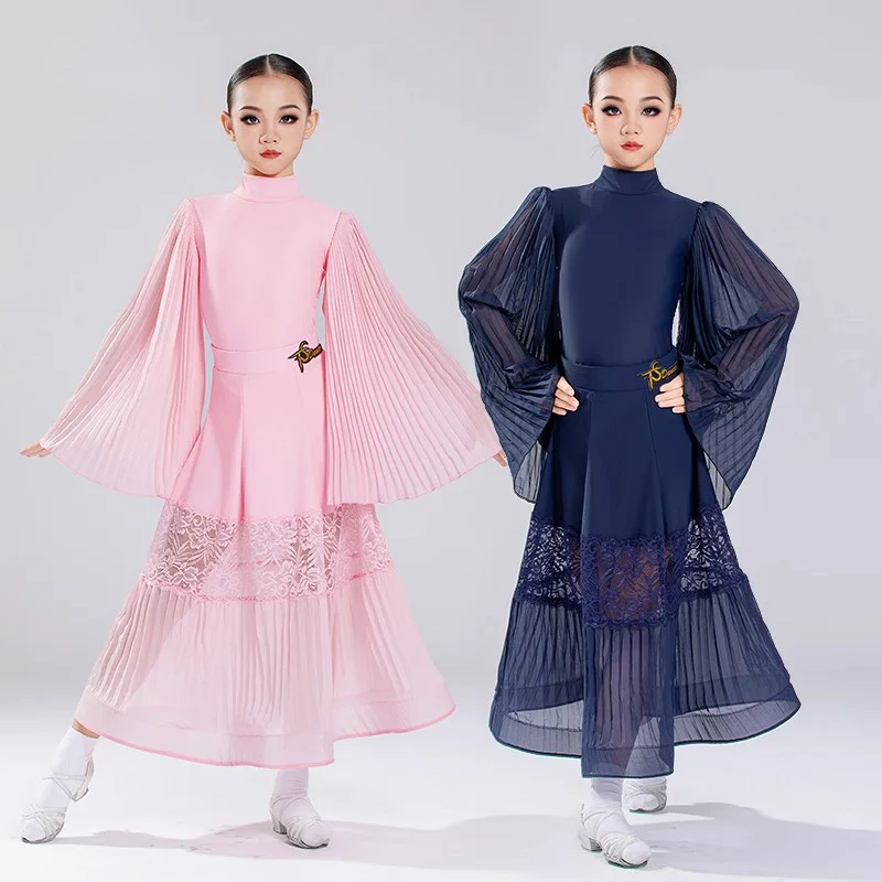 2025 Ballroom Dance Clothing For Girls Lace Mesh Long Sleeve Dress Big Swing Samba Chacha Tango Kids Modern Latin Dress DN21878