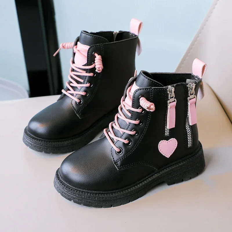 Girls Boots 2024 Autumn New Assorted Korean Style Cute Double Zip Non-slip Kids Fashion Pink Heart Versatile Child Ankle Boots