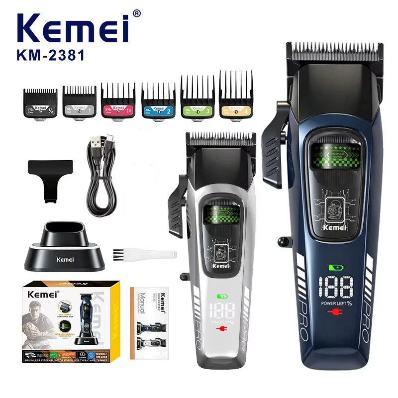 Kemei 2381 2384 Electric Hair Clipper and Trimmer Kit Barber Cordless Rechargeable Finish Hair Cutting Machine Brushless Motor