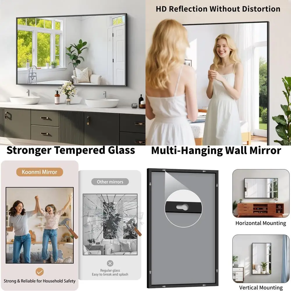 مرآة حمام من الزجاج المقسى المقاوم للكسر، 30 × 50، عالية الدقة بدون تشويه، إطار حديث غير لامع، خيار تركيب أفقي أو عمودي