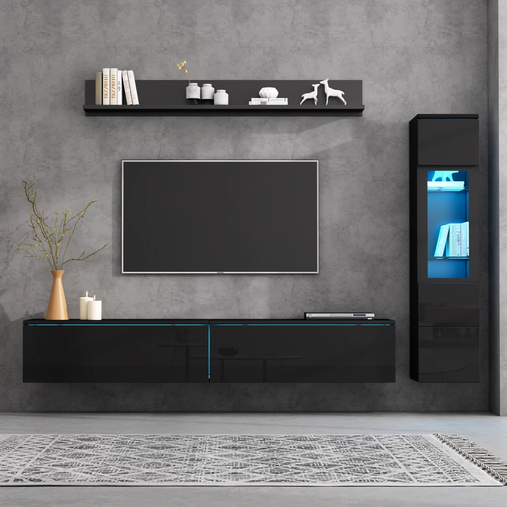 3-teiliges TV-Wohnzimmer-Wandset mit LED-Beleuchtung, Hochglanz-Möbelset, TV-Schrank, Vitrine und Hängeregal, für Fernseher bis zu 80 Zoll – Detail 3