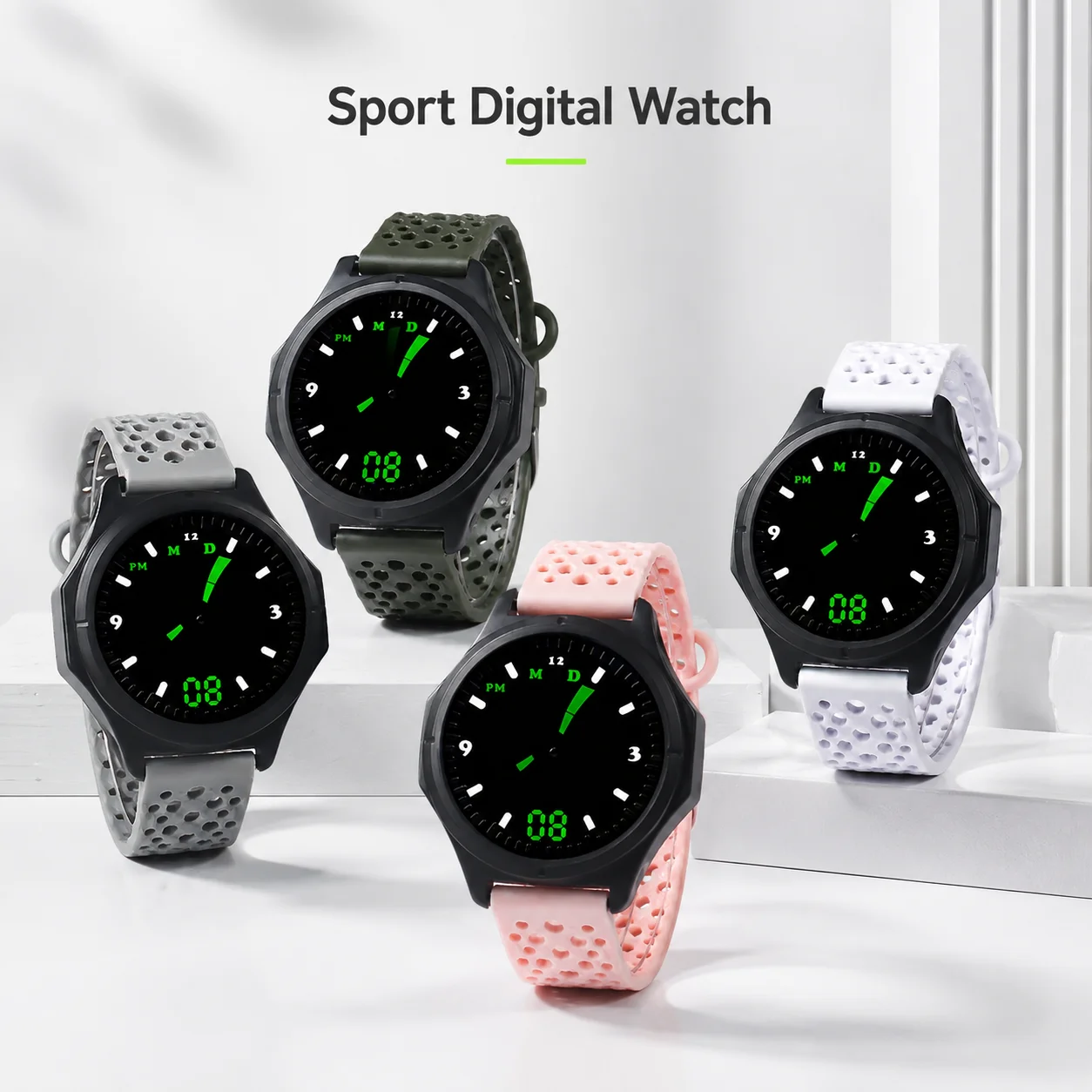 

Sports digital watch with porous silicone strap, lightweight casual wristwatch, green display dial, breathable watch band