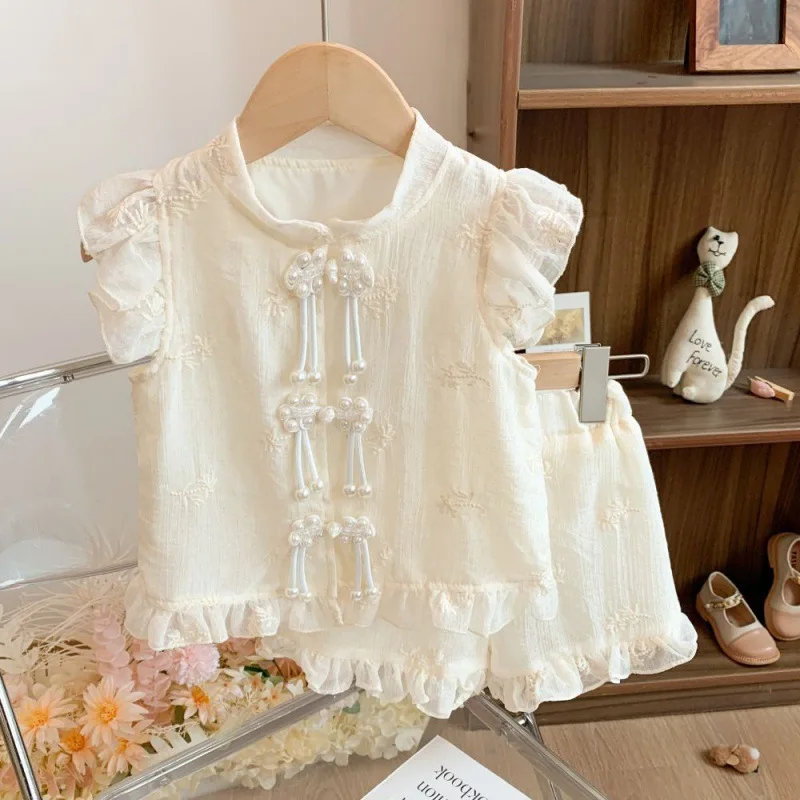 

Girls Suits 2024 Summer New Girls Chinese Style Suit Children Fashion Chinese Style Short Sleeve Shorts Two-piece Set Clothes