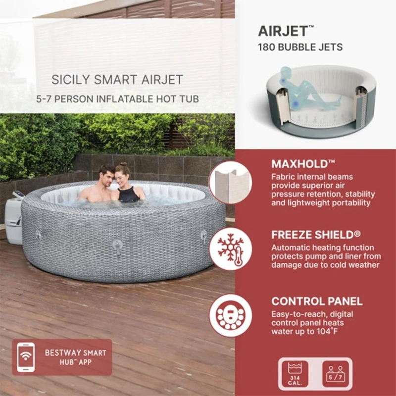 7 Person Inflatable Hot Tub Round Portable Outdoor Spa with 180 Soothing AirJets Insulated Cover 2 Easy-lift, Built-in Handles