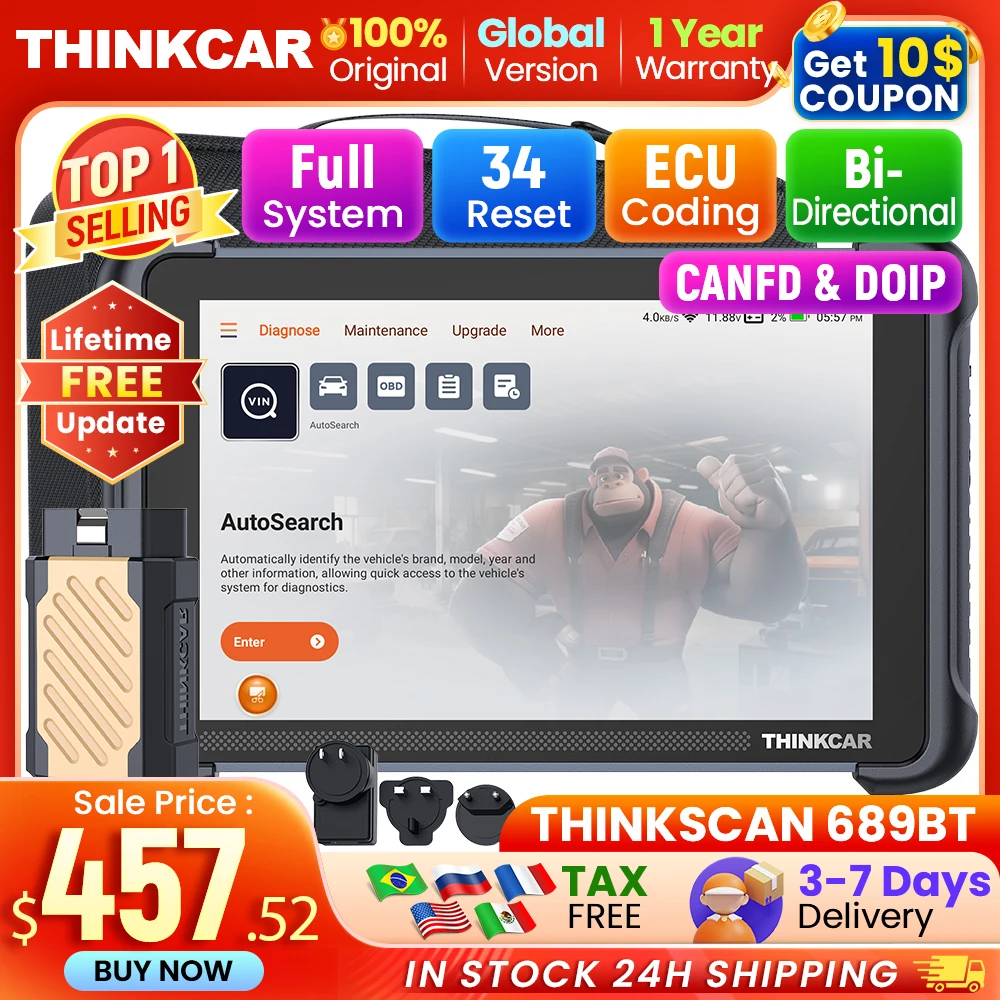 

THINKCAR THINKSCAN 689BT Профессиональный автомобильный диагностический инструмент CANFD DOIP Двунаправленное кодирование ЭБУ 34 Сброс Полный системный сканер Obd2