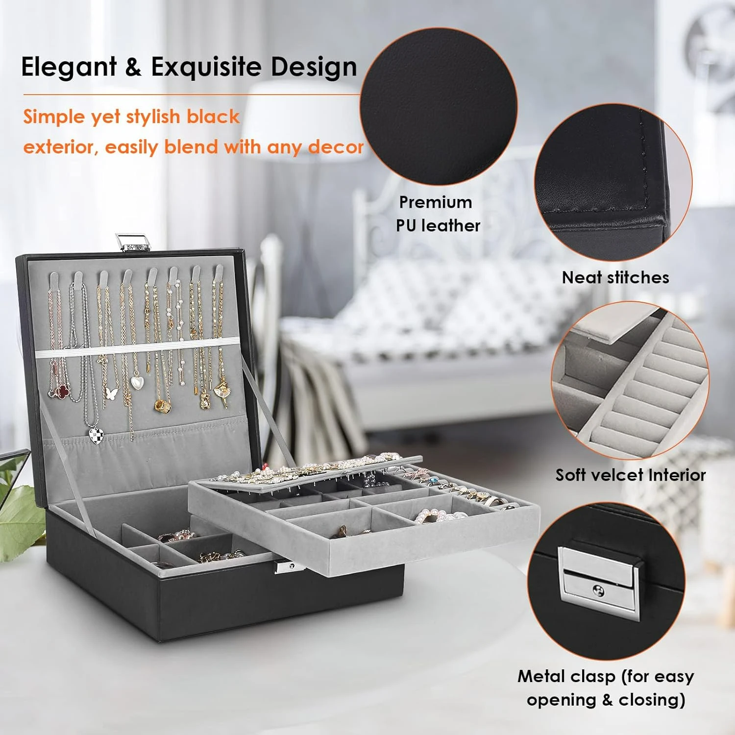 صندوق منظم مجوهرات أنيق وفاخر كبير من جلد البولي يوريثان الأسود للنساء والرجال - حقيبة تخزين مثالية مكونة من طبقتين مع قفل لـ Ne #3