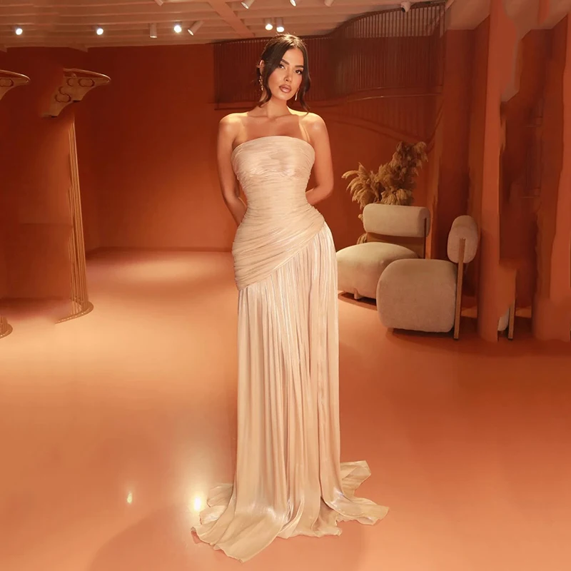 

Thinyfull Simple Mermaid Prom Evening Dresses Strapless Pleated Sleeveless Maxi Party Dress Night Cocktail Prom Gowns Customized