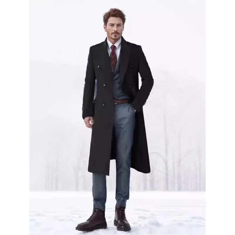 

In Stock Men's Autumn and Winter Thick Quilted Ultra-Long over-the-Knee Woolen Coat Men's Slim Fit Trench Coat