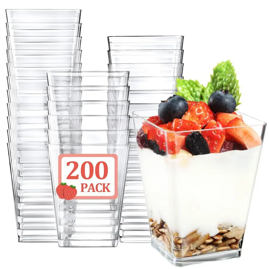 

200 Pack 5 OZ Plastic Mini Dessert Cups Clear Small Parfait Cups, Square Appetizer Cups for Fruit, Pudding, Mousse, Ice Cream, P