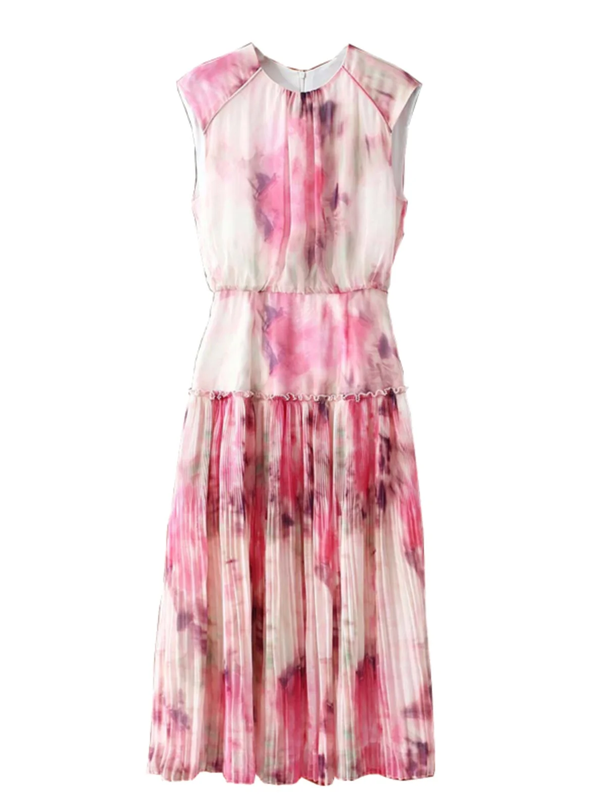 Saia Midi A-Line com Estampa Floral Rosa Doce, Cintura Ajustável, Plissada, Nova Chegada de Verão