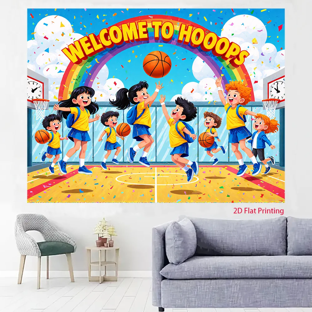 Kids Basketball Team Tapestry, Cartoon Sports Wall Hanging, Colorful Playground Decor for Boys Room Gym School Classroom