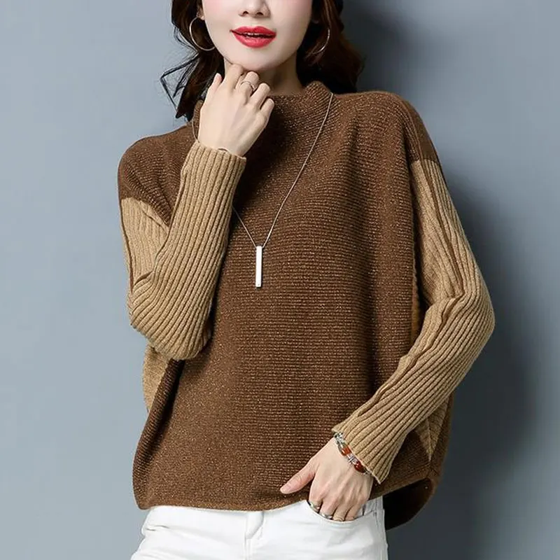 Female Clothing Batwing Sleeve Loose Sweaters Vintage Half High Collar Autumn Winter Stylish Casual Patchwork Knitted Jumpers