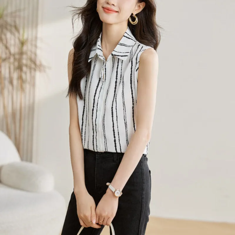 2024 Summer New Blouses Minimalist Commuter Comfortable Women\'s Spliced Polo Collar Single-breasted Striped Sleeveless Tank Tops