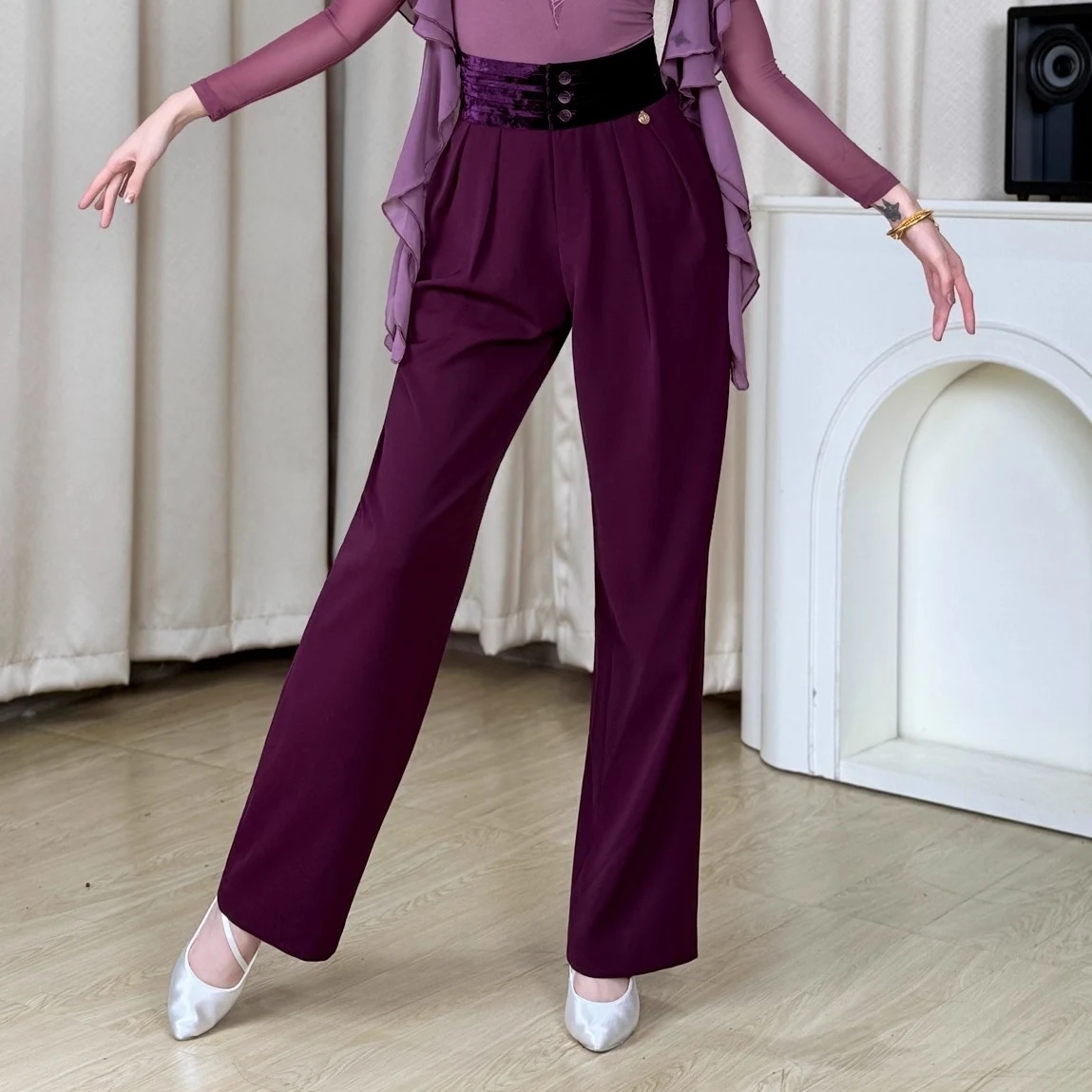 Pantaloni da ballo da sala viola Valzer Abiti da ballo latino Donna Pantaloni a vita alta a gamba larga Abbigliamento da ballo standard per adulti BL17693