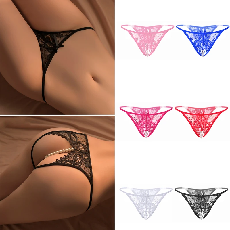 Plus Size Lace Panties For Sex Open Crotch Briefs With Pearls Women Thongs And G strings Sexy Transparent Lingerie Underwear