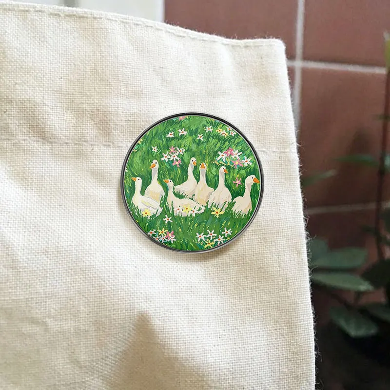 White Geese In Flower Field Pastoral Scene Enamel Badge Healing Nature Art Pin Alloy Brooch Lapel Backpack Jewelry Gift