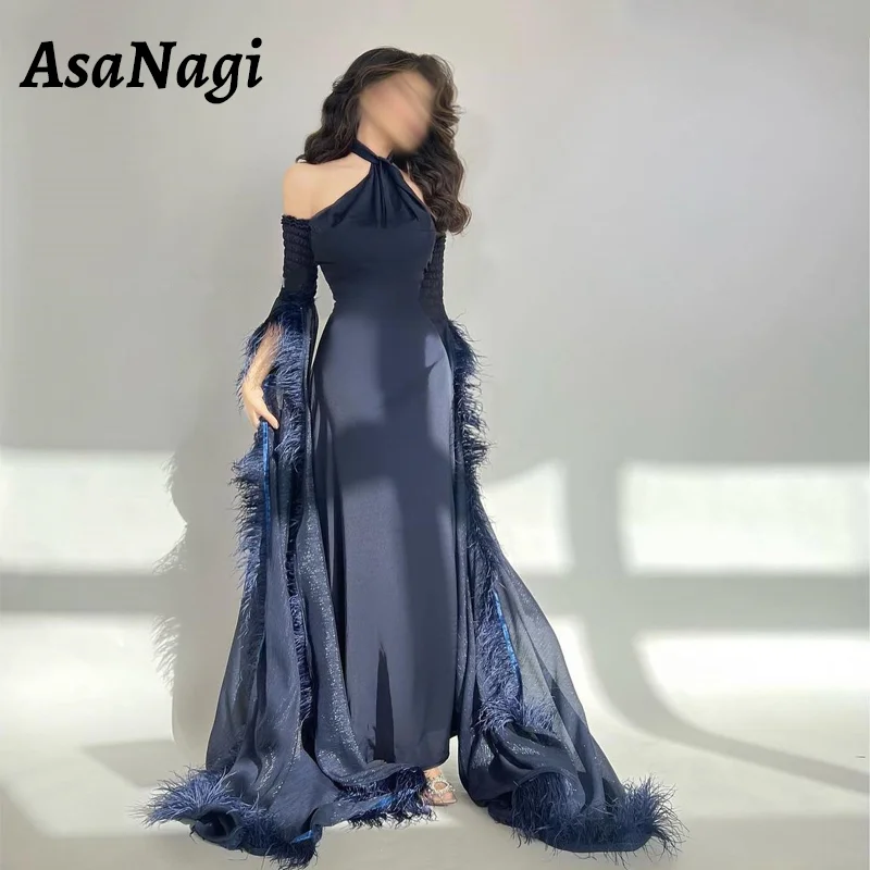 AsaNagi Mermaid Halter Neck Prom Dress Women's Feather Long Sleeve Party Evening Gown Navy Blue Ankle Length Special Occasion