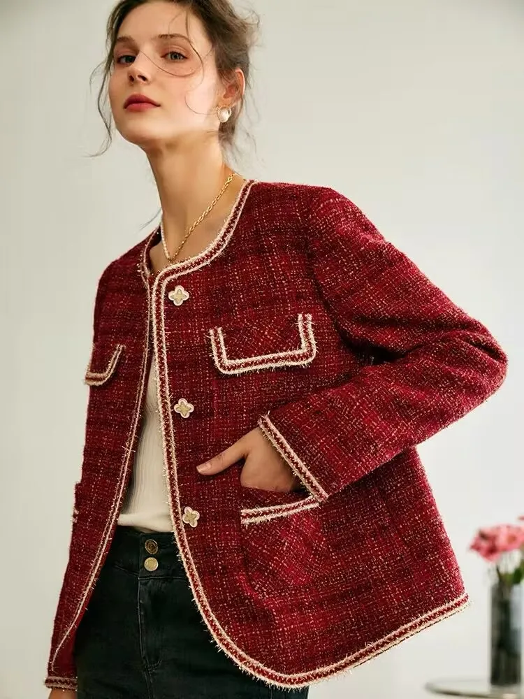 New Red Tweed Jacket For Women 2023 Autumn Winter Long sleeve Single-Breasted Chic Tops Female Korean Style Elegant Lady Coat