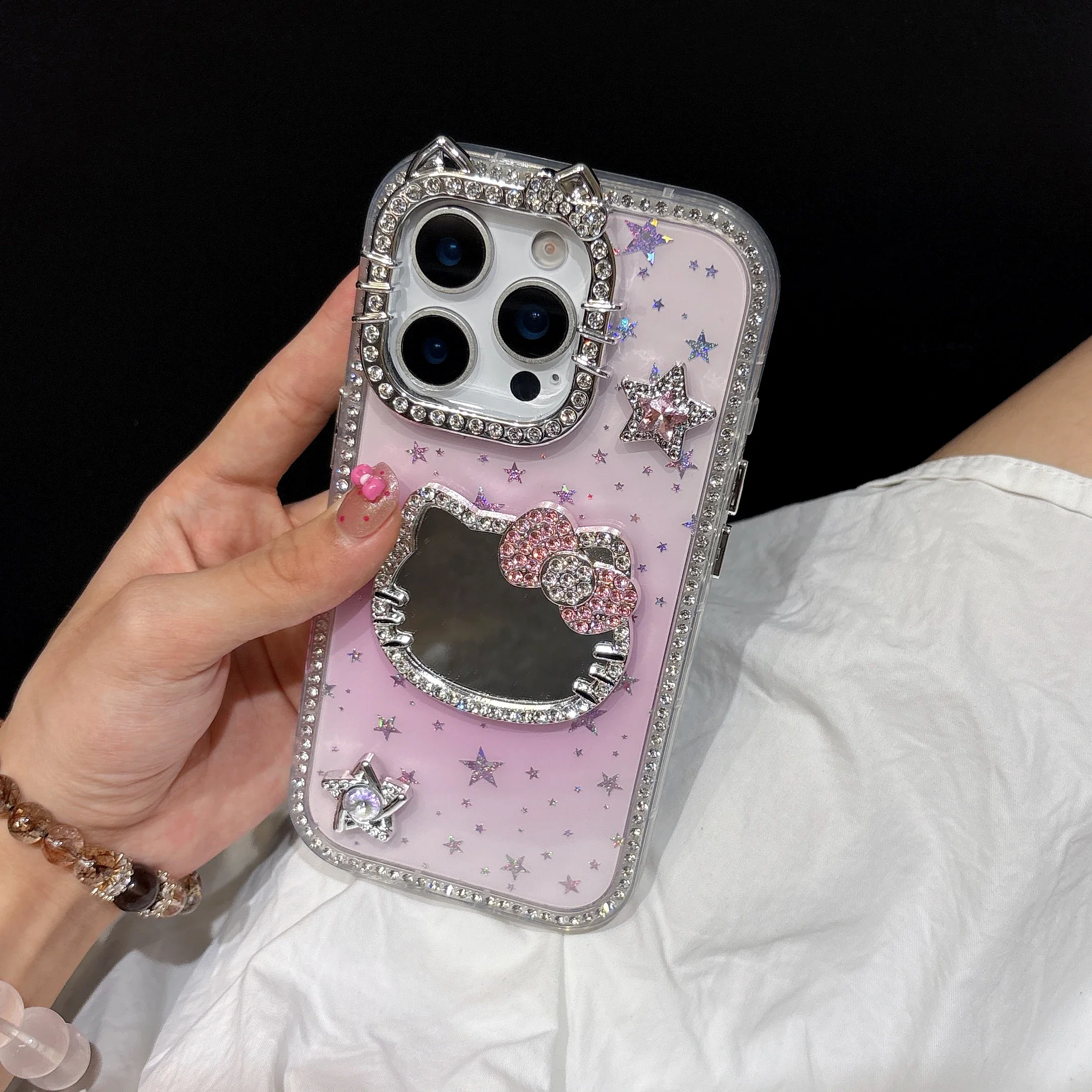 مرآة ماكياج بلينغ بريق نجوم جراب هاتف آيفون 16 15 14 13 12 برو ماكس للصدمات الصلب ثلاثية الأبعاد لطيف سانريو مرحبا كيتي غطاء #1