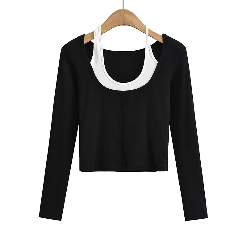 Long sleeve crop top korean fashion fall outfits women sexy tshirts for women fashion kawaii black t shirt woman halter top pink