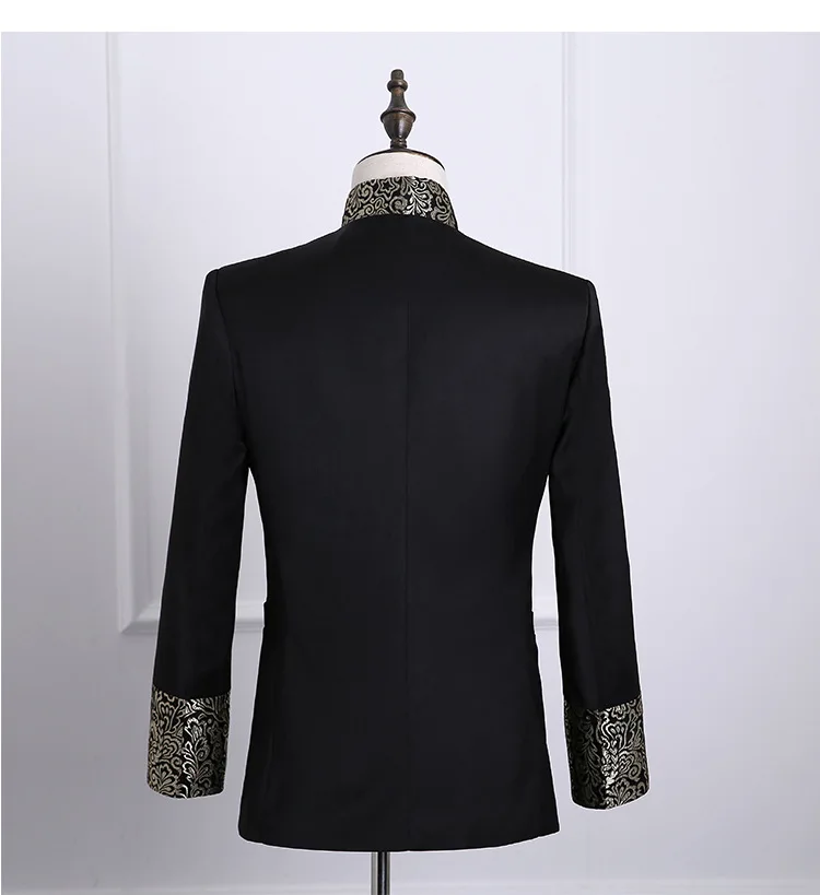 Luxury Gold Floral Embroidery Dress Suit Men Stand Collar Chinese Style Suits with Pants Mens Wedding Groom Dinner Tuxedo Suit