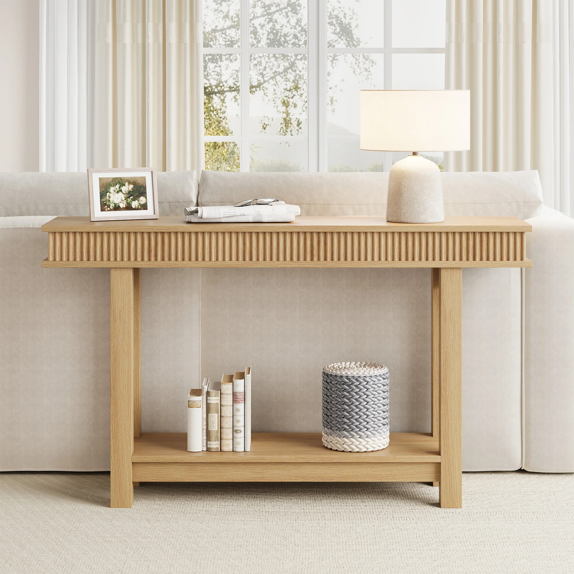 Farmhouse Fluted Console Table 2 Tier Rectangular Wooden Entryway Table with Storage Shelf Narrow Sofa Table for Hallway Foyer Dining Room