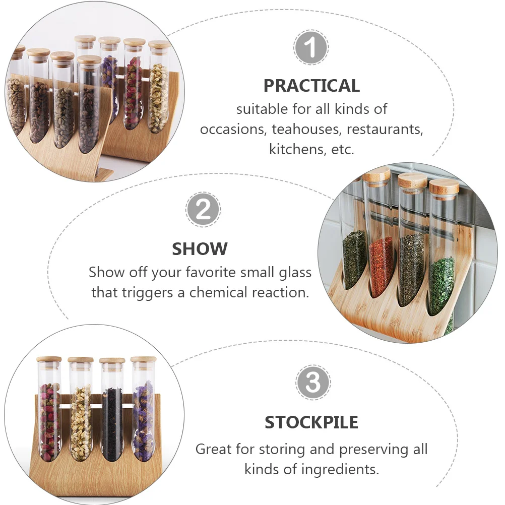 

1Set Coffee Beans Storage Rack Clear Glass Tube Bottles Wood Rack Multipurpose Container for Coffee Tea Spices