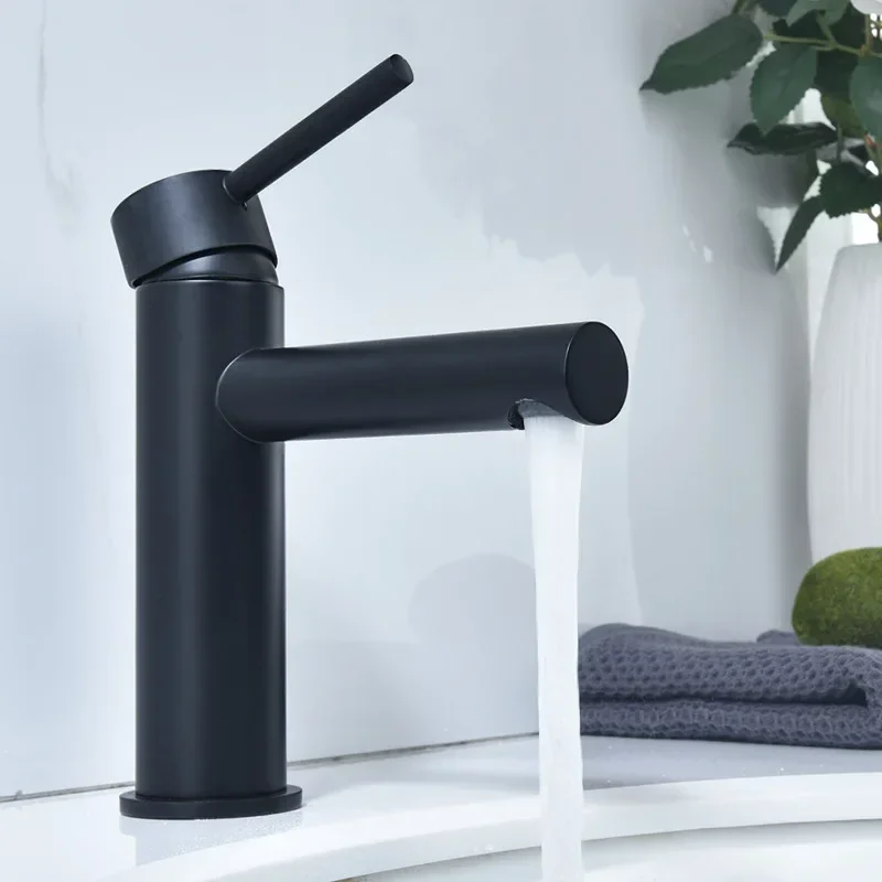 Keran wastafel air panas dan dingin berbahan tembaga penuh, warna emas hitam, desain sederhana untuk kamar mandi, MT1031