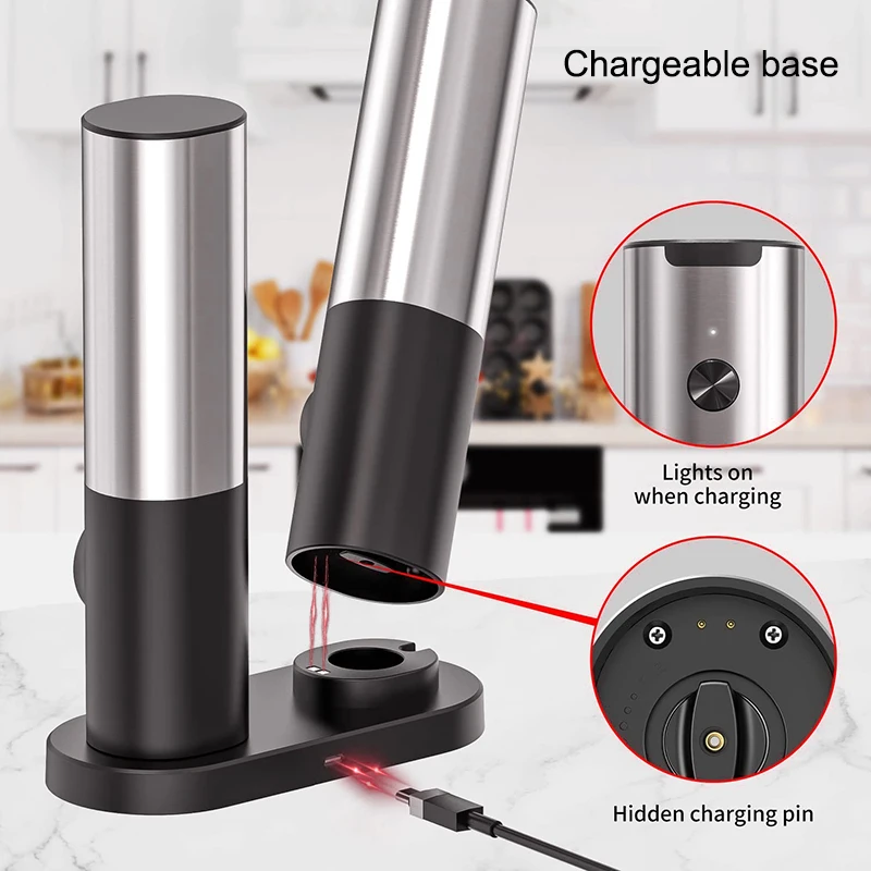 Rechargeable Electric Salt And Pepper Grinder Set Stainless Steel Automatic Pepper Grinder Salt Spice Mill With Charging Base