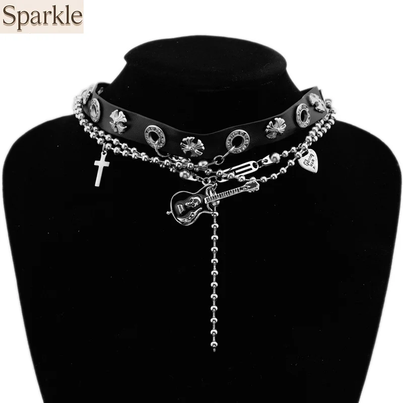 

Gothic Y2K Stainless Steel Chain Choker Necklace Punk Style Neckband Cross Guitar Bass Pendant Trendy Punk Fashion Neck Jewelry