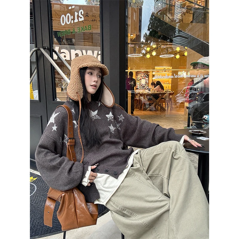 سترة نسائية مطبوعة عتيقة Y2K Harajuku بلوفرات محبوكة ملابس خروج بأكمام طويلة ملابس شتوية كورية فضفاضة برقبة دائرية