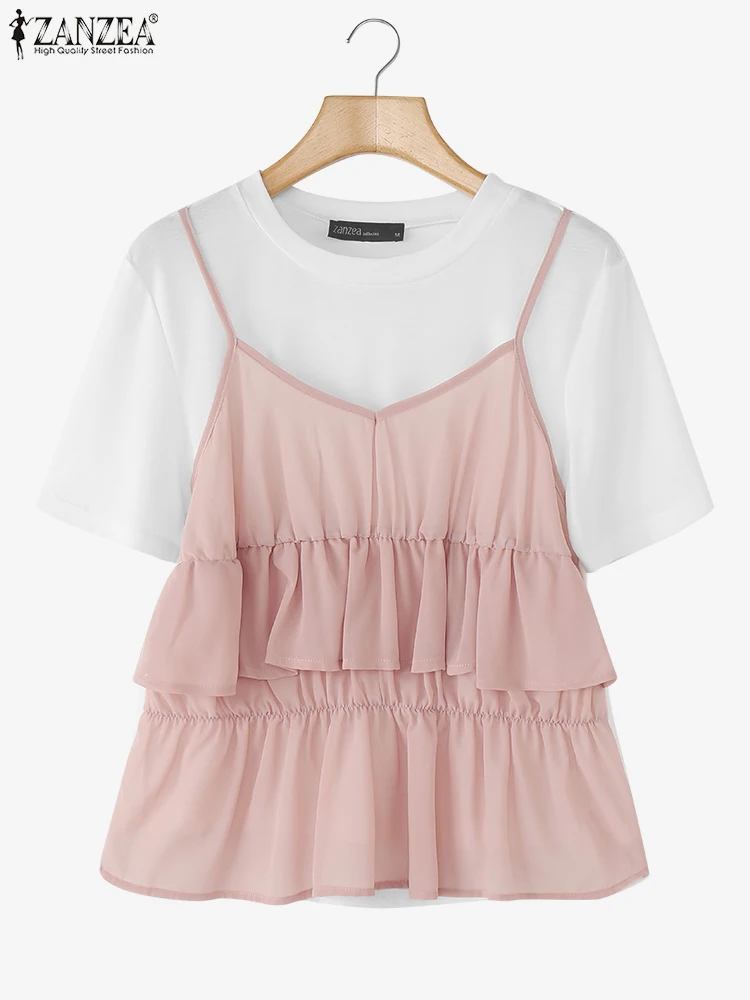 

ZANZEA Women Fake-Two-Piece T-Shirts Streetwear 2025 Summer Short Sleeve Round Neck Patchwork Ruffles Tees Casual Day Wear Tops