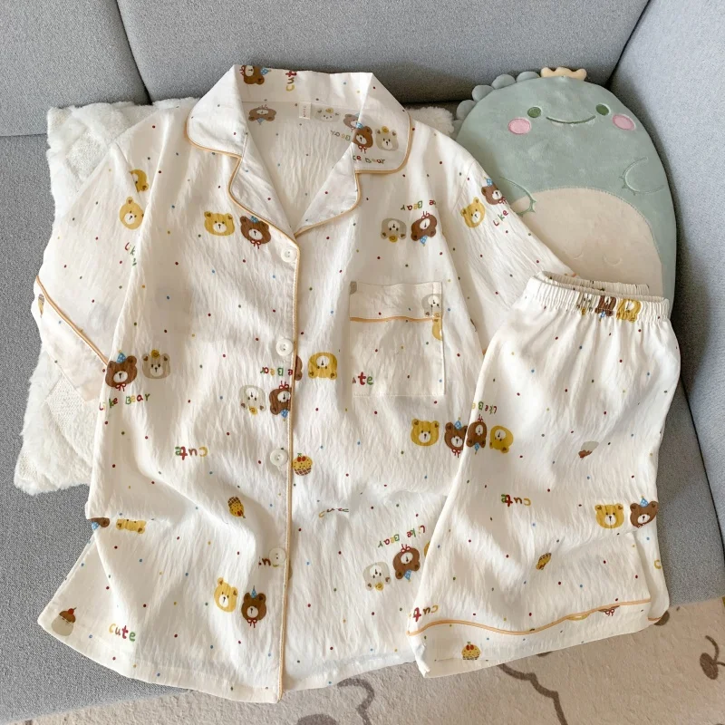 クマドットレタープリント韓国スタイルの女性のパジャマセットカジュアル Y2K 外夏の新 2025 パジャマセットファッションスイートホームウェア