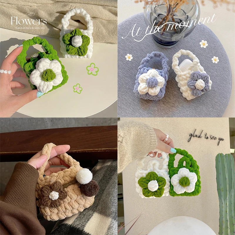 INS – sac à main en peluche tricoté à fleurs, étui pour écouteurs Airpods1/2/3 Pro, écouteurs Bluetooth, housse souple pour écouteurs, 3 boîtes