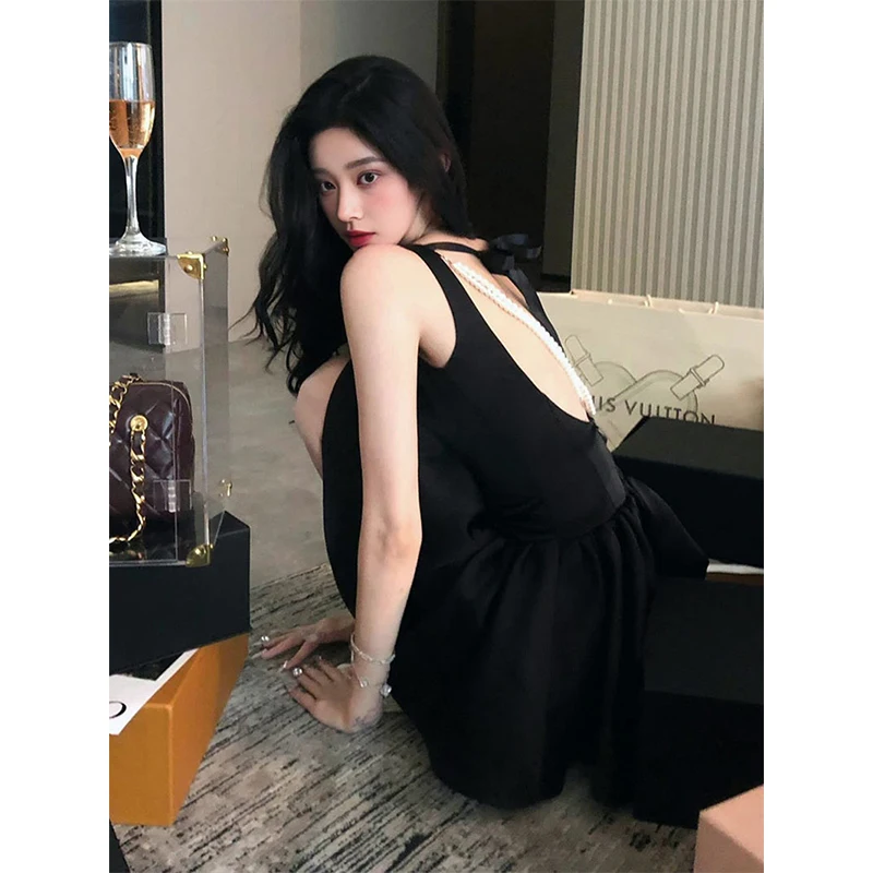 MEXZT Vintage Black Mini Dress Women Party Prom Sexy Backless Pearl Chain Dresses Summer Elegant Korean Bodycon A Line Vestidos