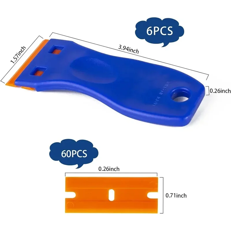 Plastic Razor Blade Scraper Tool, 6Pcs Scraper 60Pcs Plastic Blades, Cleaning Scraper Remover for Car Window Labels