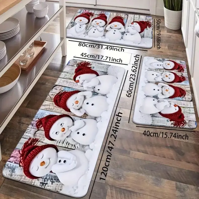 VIKAMA Christmas Snowman Kitchen Mat Runner Rug Wood Non Slip Absorbent Anti Fatigue Floor Mat Happy New Year Home Decor