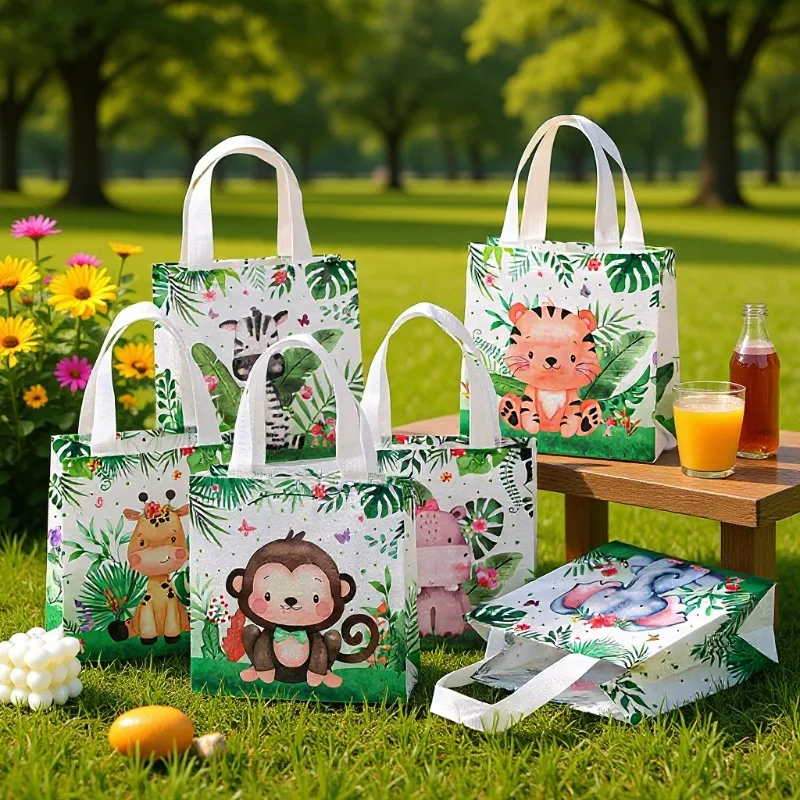12PCS Jungle Animal Print Paper Gift Bags,Cute Wildlife Handheld Treat Bags for Kids Birthday Party Favors Daily Gift Packaging