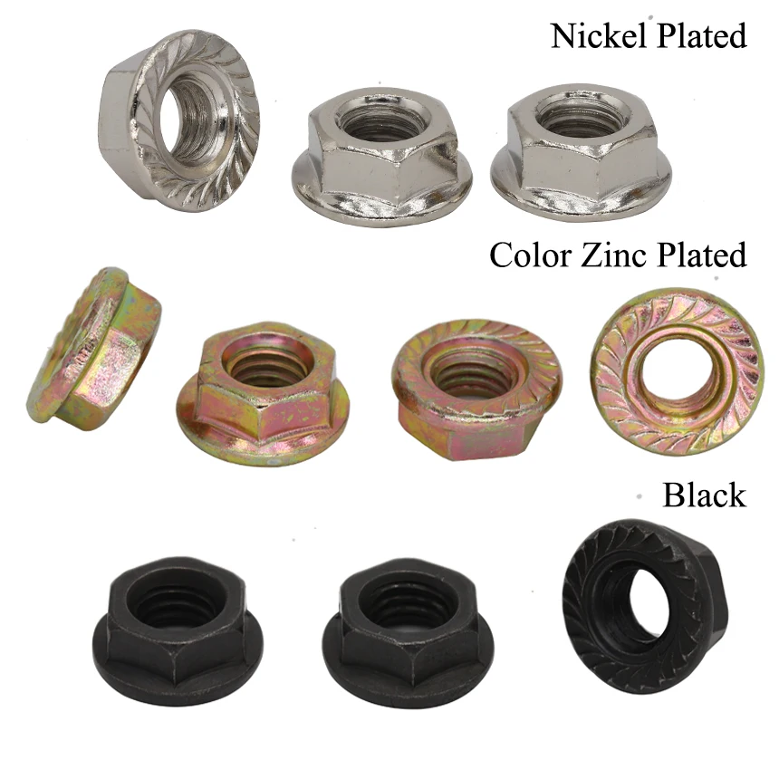 

M3 M4 M5 M6 M8 M10 M12 DIN6923 Black Color Zinc Plated Alloy Steel Anti Skid Prevailling Torque Lock Hex Hexagon Flange Nut